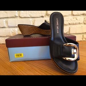 Antonio Melani Black Leather Buckle Wedge Sandals